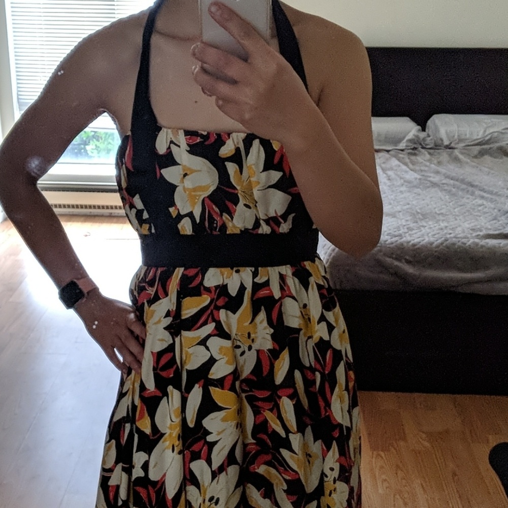 Anthropologie silk flowery halter dress backless